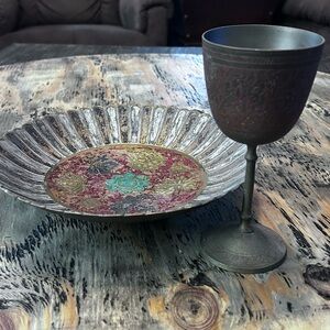 Vintage Indian Decorative Bowl and Brass Goblet Set